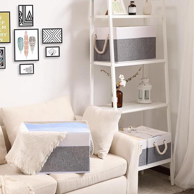 Yawinhe Foldable Storage Baskets for Shelves, Fabric Storage Cubes with Rope Handle, Closet Organizers for Clothes, 3-Pack, 14.96''Lx9.84''Wx8.26''H, White/Grey