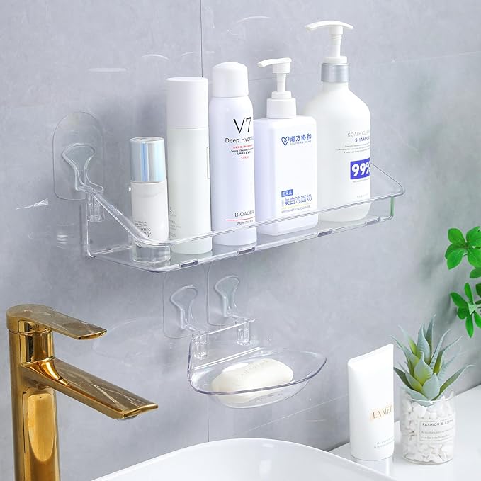 Acrylic Clear Shower Caddy Soap Dish 2pack Large Size 16.8"L 4.7"W 5.9"H Acrylic Shelves No Need To Drill Wall Adhesive Shelves With Self-Adhesive Tape For Bathroom Kitchen Rv(Shower Caddy L)