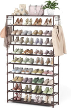 LANTEFUL 10 Tiers Shoe Rack 50 Pairs Large Capacity Tall Shoe Organizer Sturdy Shoe Storage with Two Hooks Space Saving Metal Wide Shoe Rack for Closet, Entryway, Bedroom, Brown