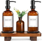 Kitchen Soap Dispenser Set with Wood Riser Tray, Amber Glass Soap Dispenser with Stainless Steel Pump, Hand and Dish Soap Dispenser Set for Kitchen, Soap and Lotion Dispenser Bathroom Decor(Amber)