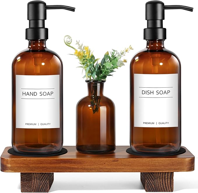 Kitchen Soap Dispenser Set with Wood Riser Tray, Amber Glass Soap Dispenser with Stainless Steel Pump, Hand and Dish Soap Dispenser Set for Kitchen, Soap and Lotion Dispenser Bathroom Decor(Amber)