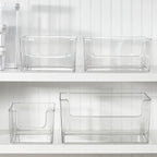 mDesign Plastic Modern Wide Open Front Dip Storage Organizer Bin Basket for Household Organization - Shelves, Cubby, Cabinet, and Closet Organizing Decor - Ligne Collection - 4 Pack - Clear