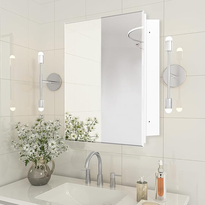 Bathroom Medicine Cabinet with 20x20 in Square Beveled Frameless Mirror,Wall Mounted Mirror Cabinet for Bathroom Toilet Kitchen,Recess or Surface Mount,Already Assembly