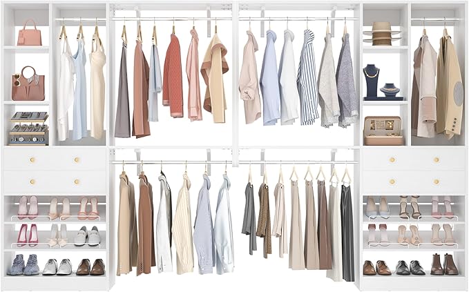 [10 FT Closet System] 120 Inch Reversible Set of 2 Wood Closet Organizer System with 4 Drawers, 6 Hanging Rods Adjustable Shelf, Shoe Rack, White