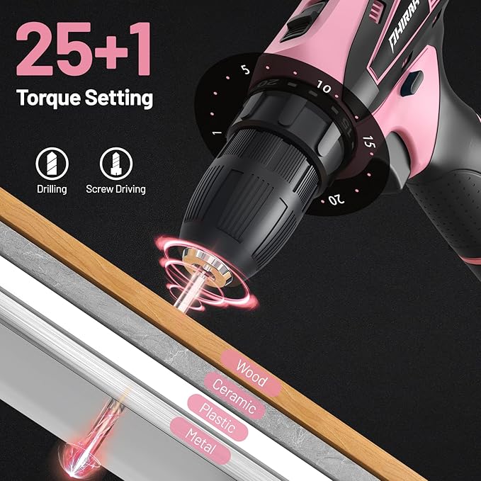 Cordless Drill Set, 12V Power Drill Kit with Battery and Charger, 3/8" Keyless Chuck, 25+1 Torque Setting, Built-in LED, Electric Driver Tool for Home DIY Projects (Pink)