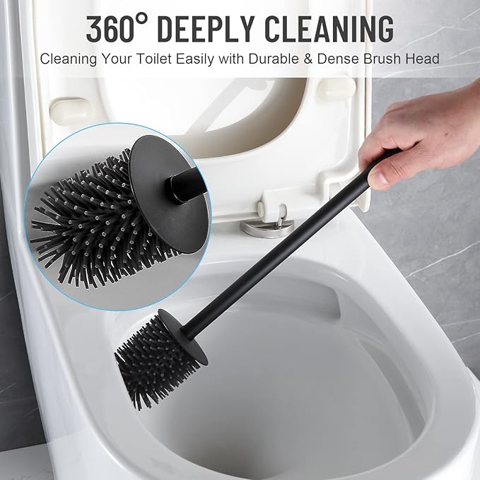 BVL Toilet Brush and Holder Black Toilet Bowl Brush for Ceaning with Stainless Steel Handle Wall Mounted