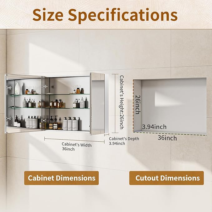 BEAUTYPEAK Bathroom Medicine Cabinet Mirror with Storage, 36 Inch x 26 Inch Silver Medicine Cabinet with Double Door & Adjustable Shelves for Vanity, Tempered, Aluminum Surface, Wall-mount or Recessed