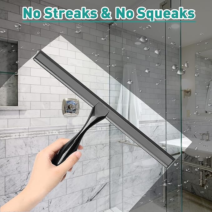 Shower Squeegee for Glass Doors,10-Inch Shower Glass Squeegee, Matte Black Shower Squeegee for Shower Doors,Mirror,Windows, with Shower Door Hook and Adhesive Hook