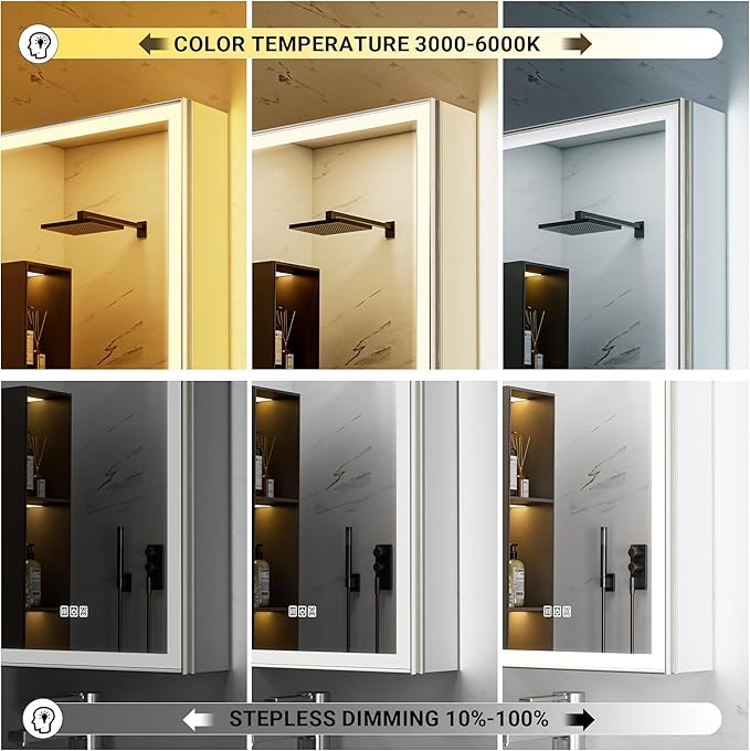 60x20 Beveled Brushed Nickel Aluminum Framed Medicine Cabinet with Flip-up Mirror Door, Surface or Recessed Dimmable Lighted Medicine Cabinet with Defogger, Outlet, and Sensor Inner Light