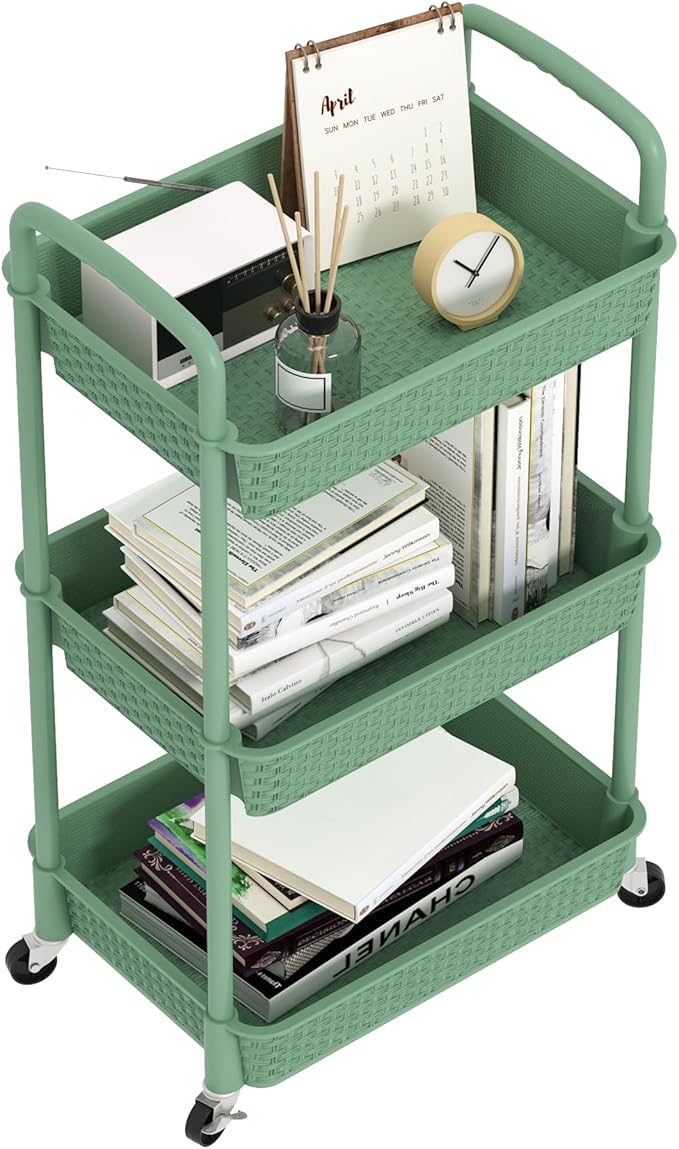 MOYIPIN 3-Tier Plastic Rolling Utility Cart with Handle,Utility Storage Cart for Office, Living Room, Kitchen,Movable Storage Organizer Shelves,Green