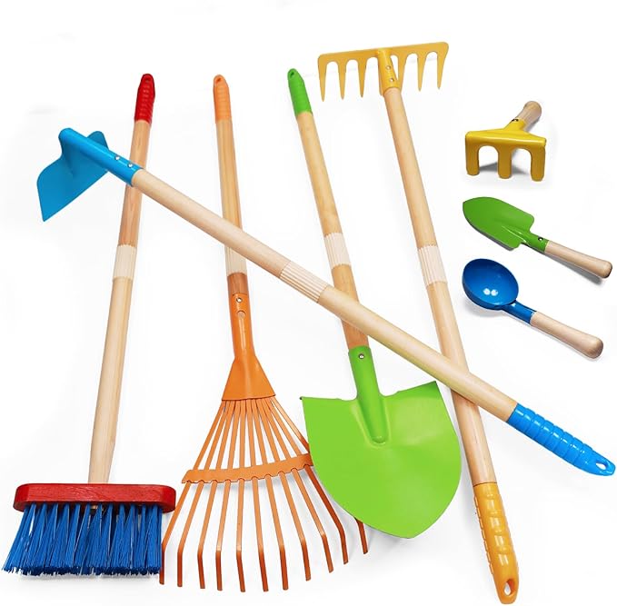 8PCS Kids Gardening Tools, Kids Rake and Shovel Set, Toddler Outdoor Yard Tools, Garden Toys Gifts for Boys Girls Age 3 4 5 6 7 8 Years Old