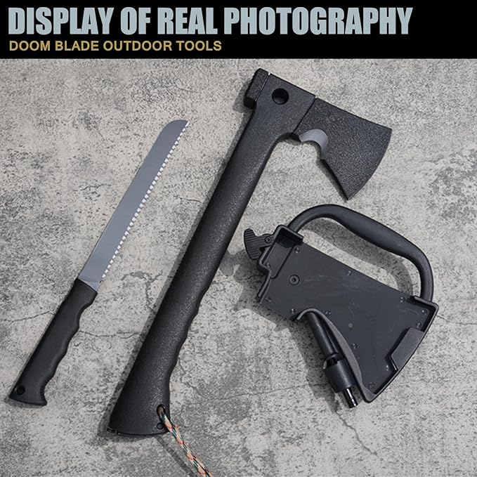 DOOM BLADE Camping Hand Axe with Sheath and Survival Gear - Lightweight Hatchet with Nested Serrated Wood Saw Knife and Magnesium Fire Starter Tools