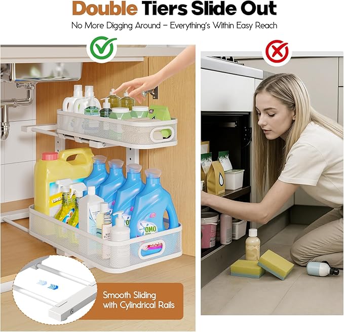 2 Pack 17.3IN-Depth Under Sink Organizer with Smooth Cylindrical Rail,2-Tier Pull Out Multi-Purpose Cabinet Storage for Bathroom&Kitchen,Height Adjustable,Rust-Resistant Coating-White