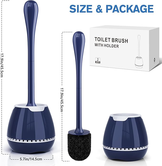 UPTRONIC Toilet Brush 2 Pack, Blue, Nylon Bristles, Ergonomic Handle, Ventilated Holder, Bathroom Cleaning