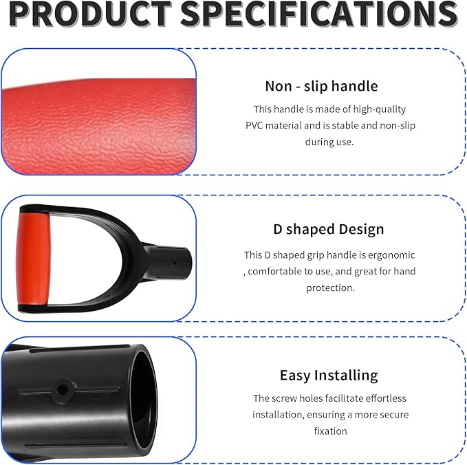 ID 1.26" Red & Black Shovel D-Shaped Grip Handle,PVC Shovel D Straight Grip Handle,Plastic Spade Replacement Snow Removal Garden Accessorie Backyard Digging,7.6×4.13-in(H*T)