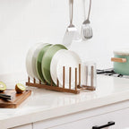 HBlife 2pcs Acacia Wooden Dish Dying Rack Pot Lid Plate Organizer Holder for Cabinet, Cutting Board Stand Drainer Storage Plate Rack for Dish, Pot Lid, Bowl, Cup, Cutting Board and Books