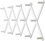 Dseap Accordian Wall Hanger: 16” High Wooden Wall Expandable Coat Rack, Hat Rack Holder, Accordion Hook for Baseball Caps, Coats, Mugs, 14 Peg Hooks, White