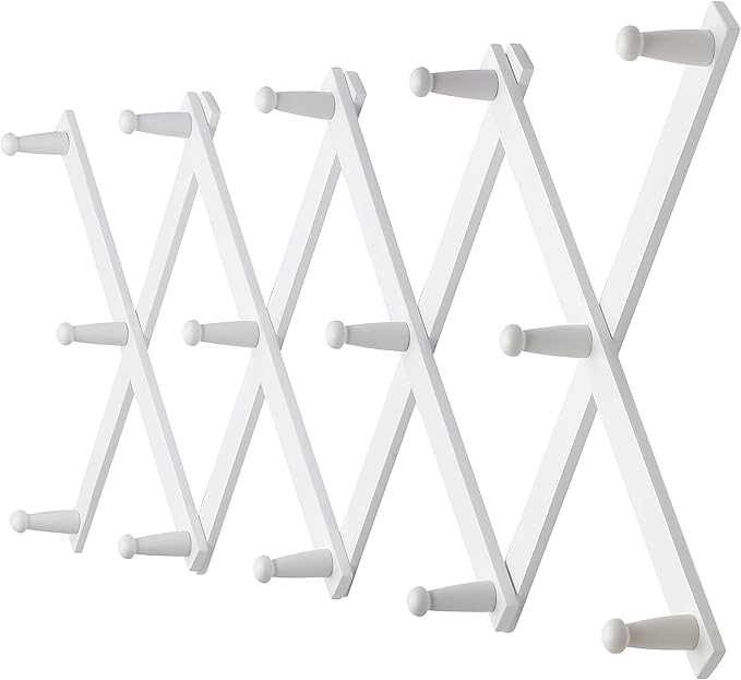 Dseap Accordian Wall Hanger: 16” High Wooden Wall Expandable Coat Rack, Hat Rack Holder, Accordion Hook for Baseball Caps, Coats, Mugs, 14 Peg Hooks, White