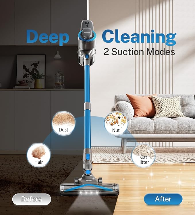 DEVOAC Cordless Vacuum Cleaner, Ultra-Lightweight Stick Vacuum, 2200mAh Battery Up to 40mins Runtime, 6 in 1 Powerful Handheld Vacuum for Home Hard Floor Carpet Pet Hair (Sky)