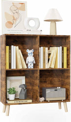 Lkeiyay Wooden 4 Cube Open Bookcase,2 Tier Mid-Century Bookshelf with Legs, Modern Storage Display Cabinet Organizer Bookshelves for Bedroom,Living Room,Office (Rustic Brown)