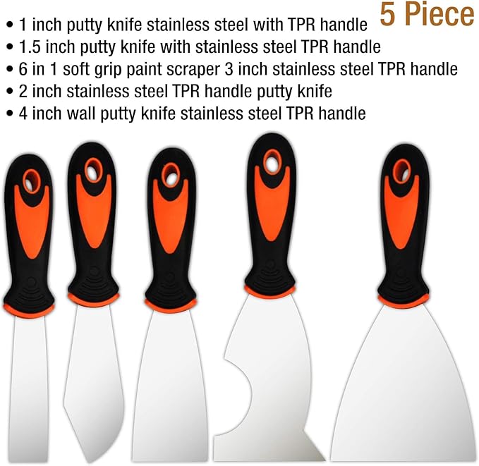 Putty Knife Set, 5 Piece Stainless Steel Paint Scraper (1" 1.5" 2" 3" 4"), Multi-use Scraper Tool, Spackle Knife for Applying Putty, Filling Gaps, Scraping Away Old Paint or Caulk