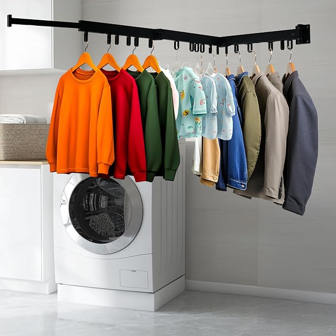 Wall-Mounted Clothes Drying Rack for Laundry Organization, Collapsible & Folding Indoor Hanger Dryer, Sturdy Foldable Clothing Organizer, Black Steel, 220 lb Capacity