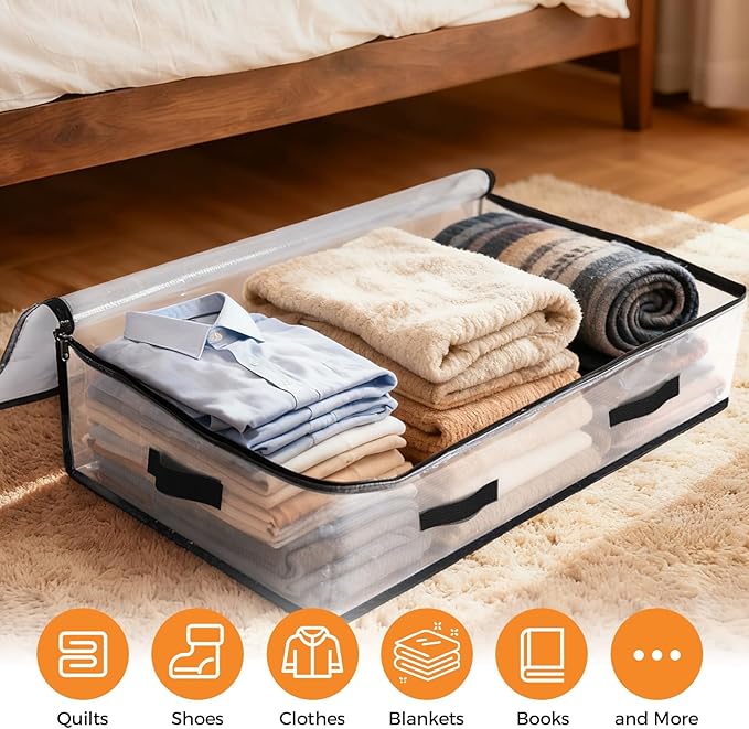 8 Pack Under Bed Storage Bags, 75L Foldable Clear Storage Containers with Handles, Dual Zippers for Comforter, Clothes, Bedding, Linen Sheets, Sweaters, Blanket Storage