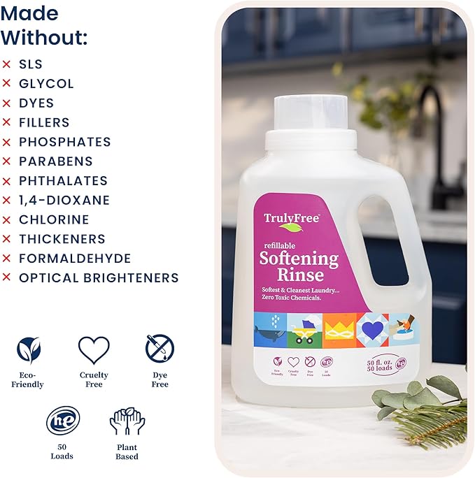 Fabric Softening Conditioner for Clothes| Safe for Babies & Kids with Sensitive Skin | Plant-Based | Include 1 Refillable 50oz Bottle with Measuring Cap| Signature Scent Rinse(50 Loads)