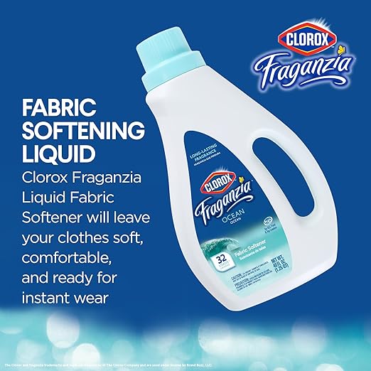 Clorox Fraganzia Liquid Laundry Fabric Softener, Ocean Scent - Laundry Odor Eliminator, Wrinkle Reducer and Static Reducer, 40 Fl Oz