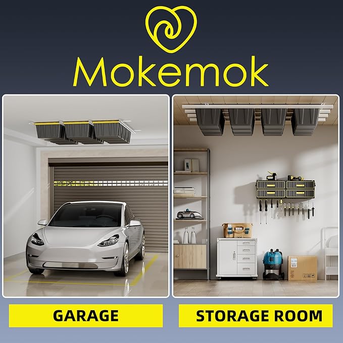 Overhead Garage Storage Rack Extra Large-Organizes Up to 15 Tote Bins 0.1-inch Thickened Heavy Alloy Steel Garage Tote Storage System with Adjustable Rails-Ceiling Storage Rack