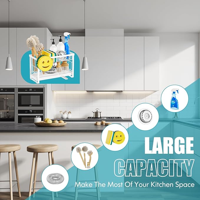 Sponge Holder for Kitchen Sink with Flexible Sponge Holder Smiley Face,2 Tier Kitchen Sink Organizer Countertop and Storage Essentials,Soap Dispenser Organize,Home Decor Accessories-White