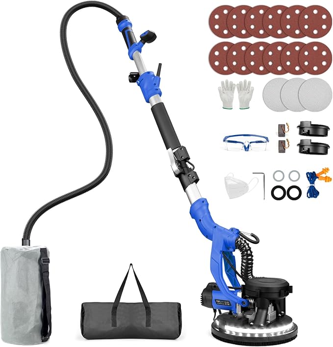 Drywall Sander, 1000W Popcorn Ceiling Removal Tool, Foldable Automatic Drywall Sander with Vacuum Dust Collection, LED Light, 6 Variable Speed 800-2200RPM,15Pcs Sanding Discs (Blue）