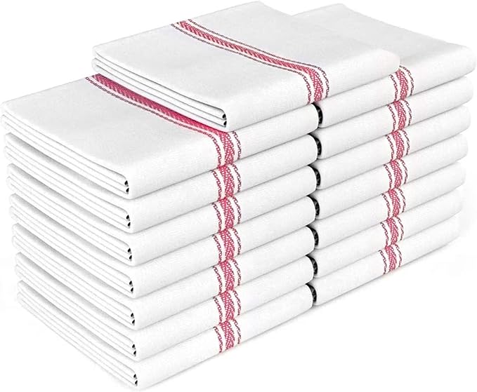 Zeppoli Classic Kitchen Towels -15 Pack 100% Natural Cotton Towel Set, Reusable Wash Cloths, Absorbent Dish Towels, Machine Washable Hand Towels, Kitchen Essentials - 14" by 25 - Red Striped