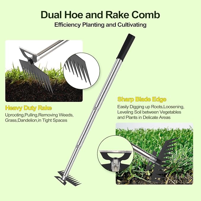 Weed Puller Picker Tool Scuffle Hoe Rake, Hand Tiller Small for Planting, Grass Weeder Dandelion Uprooting Remover, Standing Cultivator for Flower Garden Beds Lawns Yard Weeding and Leveling