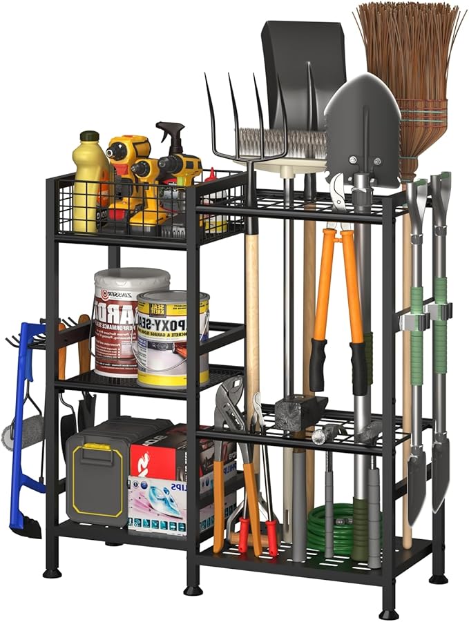 keomaisyto Garden Tool Organizer With Basket - 3 Tier Yard Storage Rack for Garage Organization, Heavy Duty Holder With 35 Long-Handled Slots for Shed, Yard, Garage