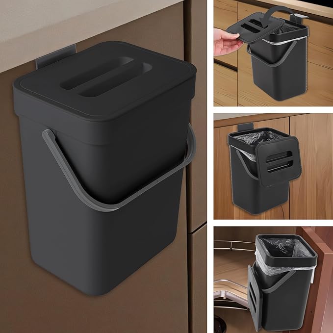 Compost Bin Kitchen, Bring 5 Rolls (100) of Garbage Bags, for Use on Countertops or Under Sinks, Hanging Trash Can with Lid, for Cupboard/Bathroom/Bedroom/Office/Camping(Black 0.8 Gallon/3L)