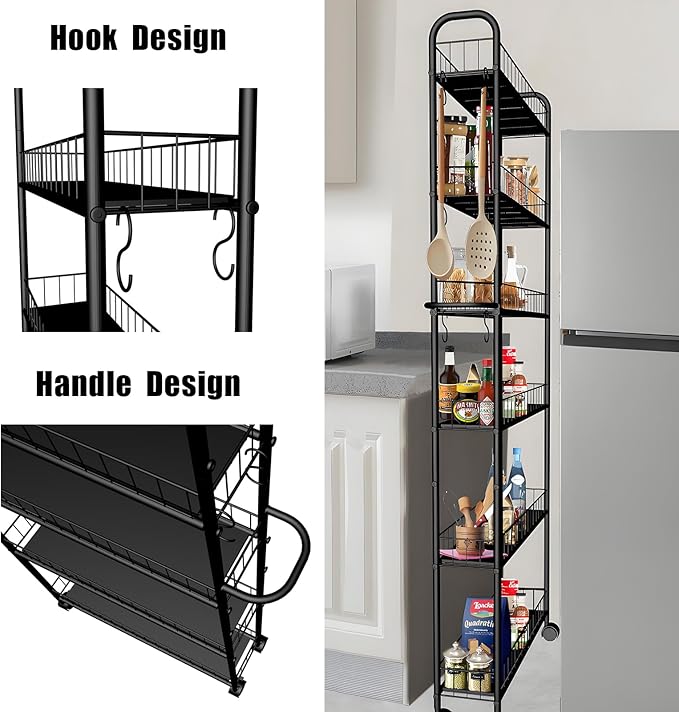 6 Tier 10in Slim Rolling Storage Cart with Handle, Mobile Shelving Unit with Wheels, Metal Wire Storage Rack with Baskets for Kitchen Bathroom Office Laundry Narrow Piaces
