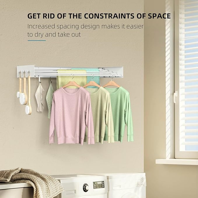 Drying Rack Clothing,Clothes Drying Rack Wall Mounted,Laundry Drying Rack Wall Mount,Foldable,Collapsible,60 lb Capacity 5 Aluminium Poles with 12 Hooks,Space Saving Clothes Drying Rack,White 31.5"