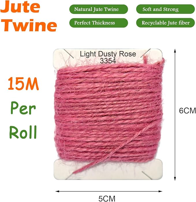 Jute Twine 15m Long Twine String for Crafts Gift Wrapping Packing Gardening Crochet Knitting Macrame Decor (Light Dusty Rose)