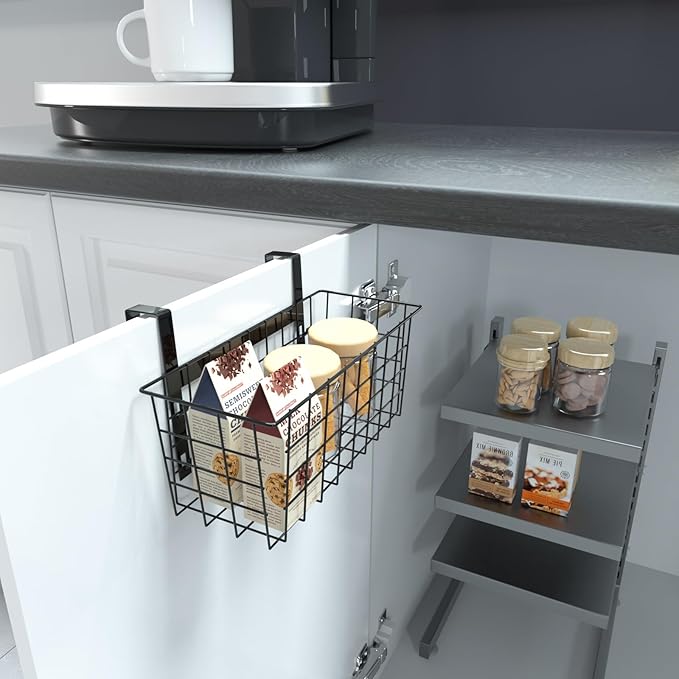 MaraFansie Basket with Hook, Grid Storage Basket, Over the Cabinet Door Organizer, Wire Hanging Basket with Hook Over the Railing, Under Sink Kitchen Cabinet, Pantry, Bathroom, Black, 4 Pack
