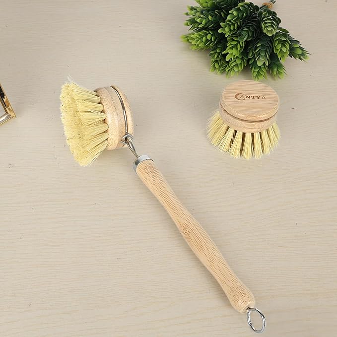 Bamboo Dish Brush with Handle - 4 Replacement Heads, Eco Soft Bristles Vegetable Scrubber, Compostable & Sustainable Dish Scrub Brush for Cleaning Kitchen Utensils