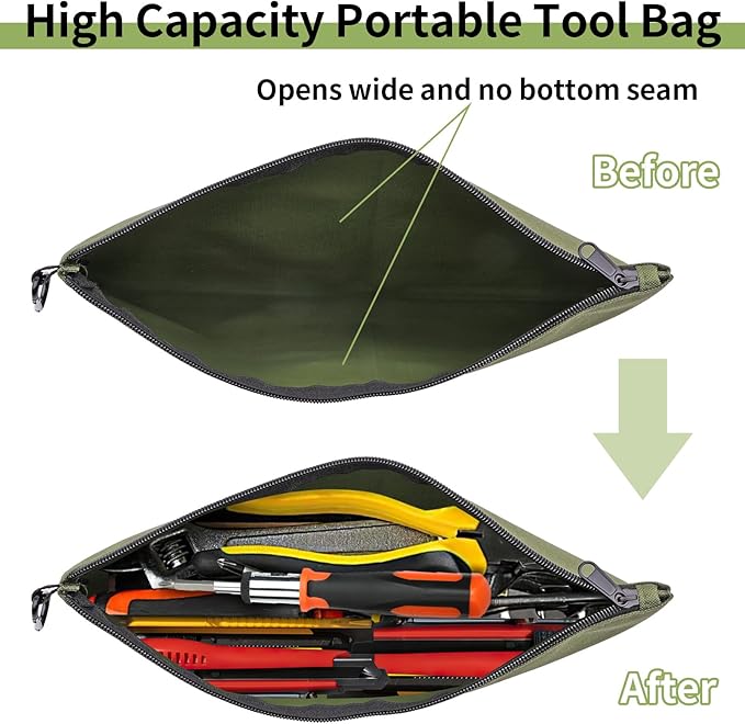 3 Pack Tool Bag Zipper Pouch, Premium Tool Pouch, Utility Multipurpose Storage Organizer Tool Pouches with Carabiner Metal Zipper for Tools, Stationary, Pencil Pouch (3 Pack, Tan, Navy Green, Black)
