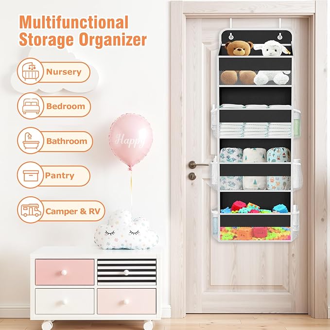 WISELIFE Over The Door Organizer Storage 4 Shelves Large Capacity Hanging Bedroom Storage Solution with 6 Side Pockets for Dorm Bathroom Pantry Nursery and Baby Essentials Holds up to 40 Lbs (Black)