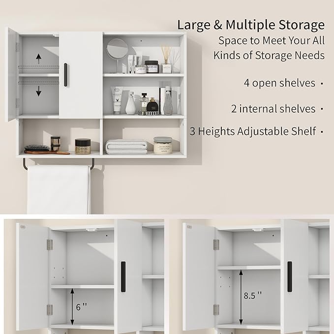 Wooden Bathroom Organizers, Over The Toilet Storage Cabinet with 2 Doors, Adjustable Shelves & Towel Bar, Wall Mounted Medicine Cabinet for Kitchen & Laundry, White