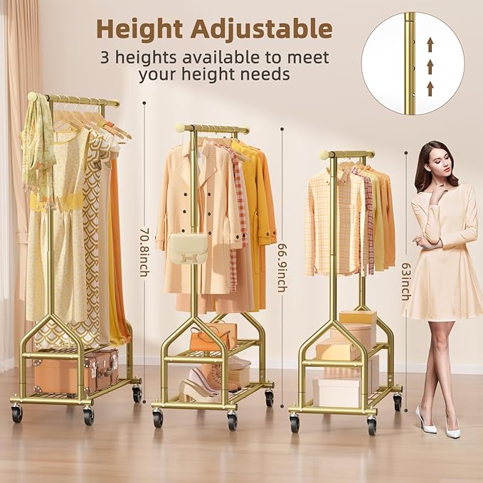 EAGMAK Heavy Duty Clothes Rack Load 556 LBS, Rolling Clothing Rack With Shelves, Height Adjustable Metal Clothes Hanger with Wheels Portable Wardrobe Organizer Garment Rod for Hanging Clothes (Gold)