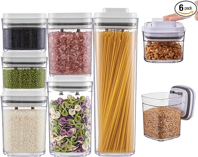 Pop Top Food Storage Container Set | 6Pcs Airtight Cereal Storage Organizer Canisters with Pop Lids, BPA-Free, Vacuum Seal & One-button Opening, Stackable Pantry Containers for Dry Food Storage