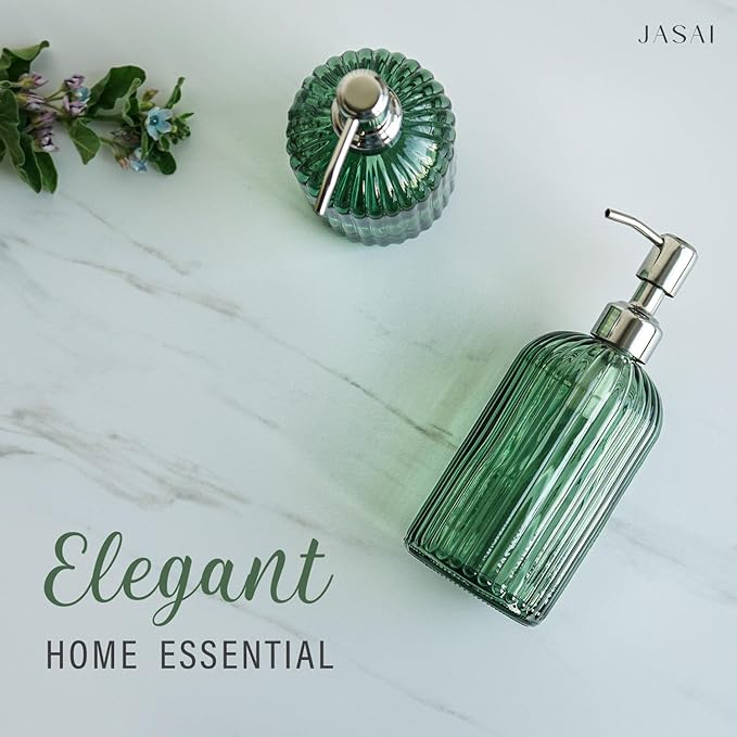 JASAI 18Oz Green Soap Dispenser with Rust Proof Pump, Refillable Bathroom Soap Dispenser with Thick Glass, Kitchen soap Dispenser for Dish soap, Hand Soap, Lotion, Body Wash.