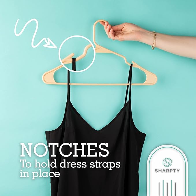 Sharpty Plastic Hangers Clothes Hangers for Clothing, Closet, Coats & Shirts - Notched, Durabl & Space Saving - for Everyday Standard Use, Room Essentials & Basics - 50 Pack - Beige