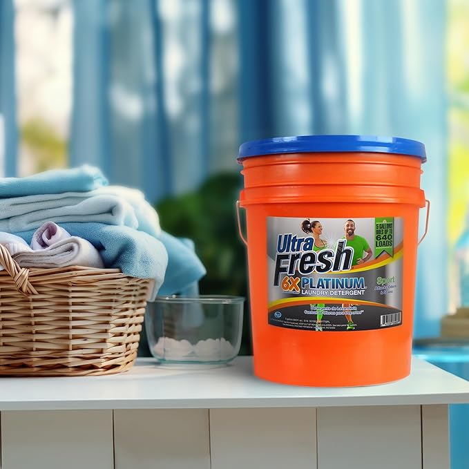 Ultra Fresh 5 Gallon Liquid Laundry Detergent Washing Soap for All Machine Types, 6X Platinum, Up to 640 Loads, Sport Odor & Stain Remover