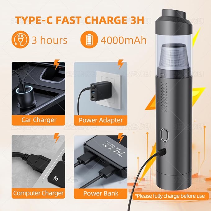 Car Vacuum Portable Cordless 19000Pa Powerful Suction, 4-in-1 Mini Vacuum Cleaner Rechargeable Type-C, Wireless Handheld Vacuum for Car, Office Desk & Home